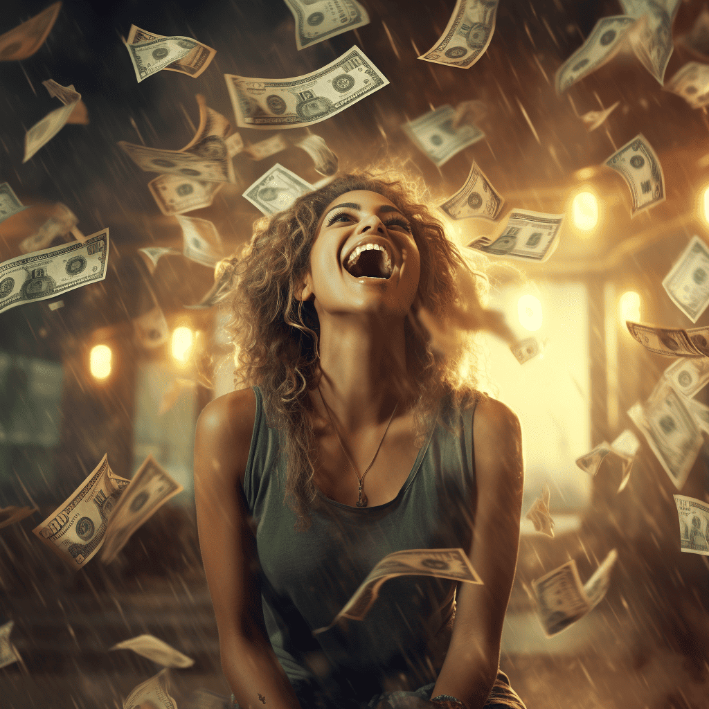 A woman is laughing as money falls from the sky.