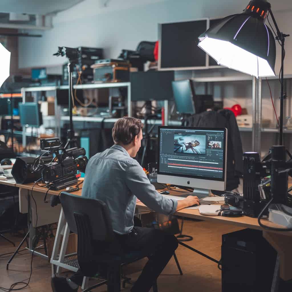 A person sits at a desk in a cluttered studio, editing video on a computer, surrounded by professional camera equipment and studio lights.